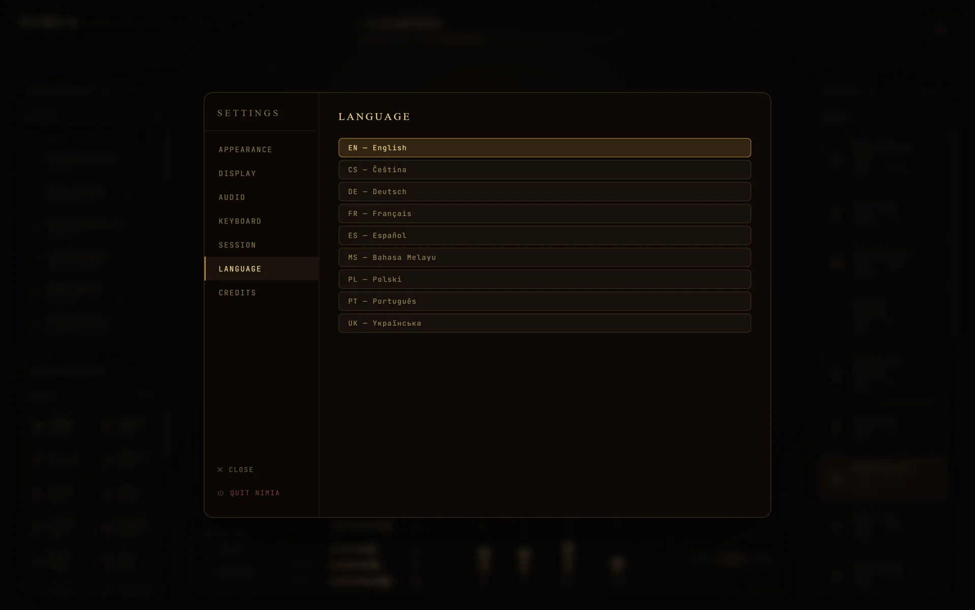 The language picker with nine interface languages